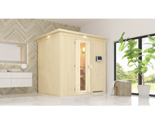 Moderne badkamerscène met houten sauna, wastafel en plant