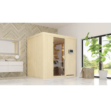 Houten sauna met glazen deur en digitaal bedieningspaneel in een lichte badkamer.