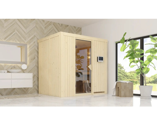 Houten sauna met glazen deur en digitaal bedieningspaneel in een lichte badkamer.