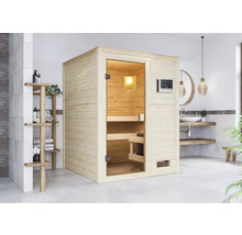 Interieurfoto van een badkamer met een vrijstaande houten sauna met glazen deur en een bedieningspaneel aan de buitenkant