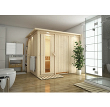 Moderne badkamerinrichting met houten sauna en douche
