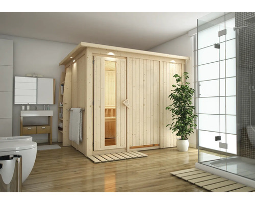 Moderne badkamerinrichting met houten sauna en douche
