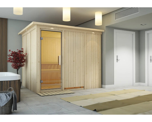 Houten sauna met glazen deur in een badkamer