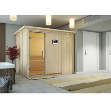 Houten sauna met glazen deur en bediening in de ruimte