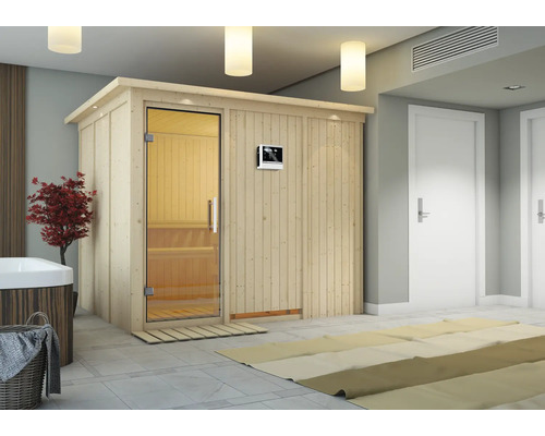 Houten sauna met glazen deur en bediening in de ruimte