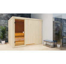 Houten sauna met glazen deur en zitbank binnenin