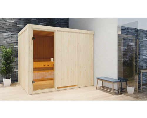 Houten sauna met glazen deur en zitbank binnenin
