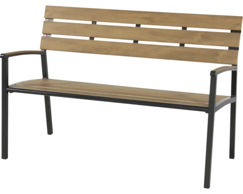 Houten tuinbank met armleuningen en metalen frame