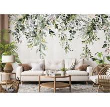 Woonkamer met bloemenfotobehang, bank en decoraties voor een gezellige sfeer