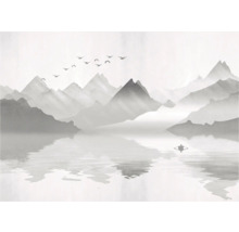 Illustratie van een berglandschap met meer, boot en zwerm vogels