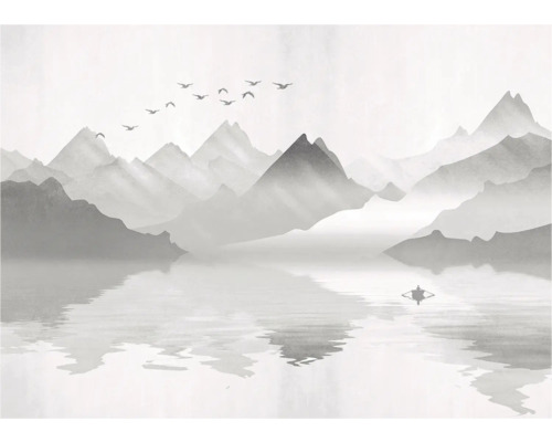 Illustratie van een berglandschap met meer, boot en zwerm vogels