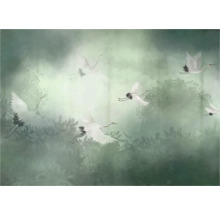 Behang met kraanvogels en bladeren in aquarel stijl.