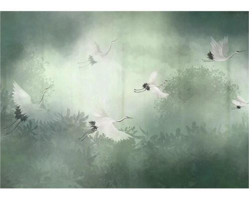 Behang met kraanvogels en bladeren in aquarel stijl.