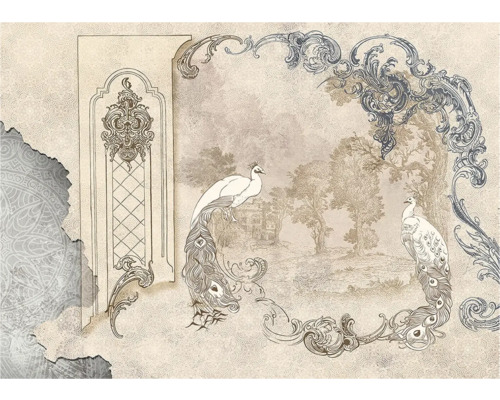 Decoratief behang met pauwen en florale ornamenten