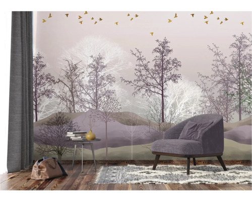 Kamer met fotobehang met bosmotief, fauteuil, tafel en vloerkleed voor een heldere en georganiseerde sfeer.