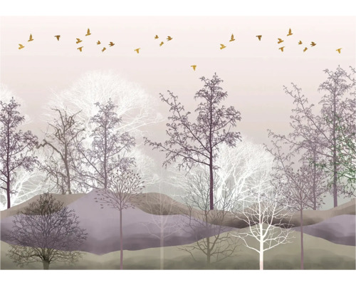 Decoratief behang met bosmotief en zwerm vogels