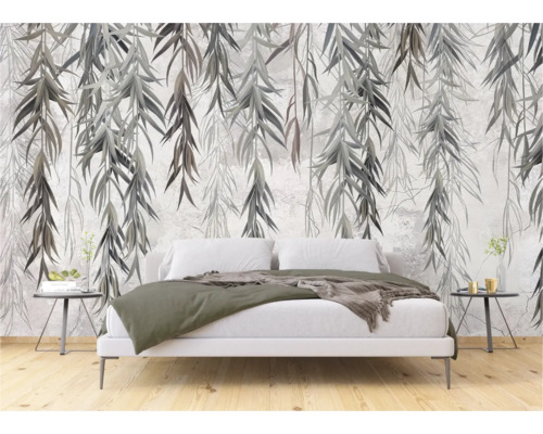 Slaapkamer met fotobehang met bladerenmotief