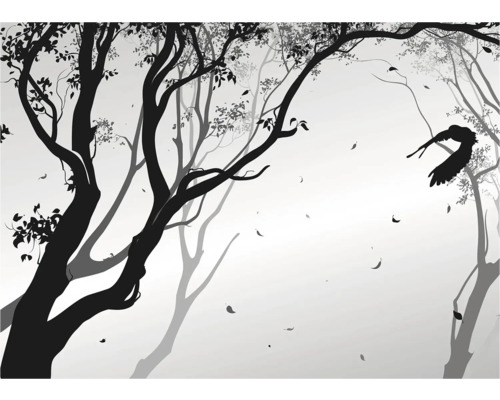 Zwart-witillustratie van bomen en een vliegende vogel