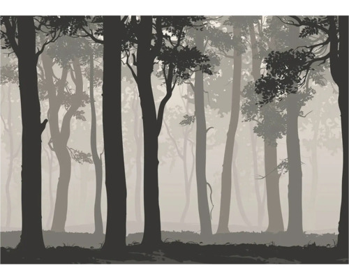 Illustratie van een bos met bomen in de mist