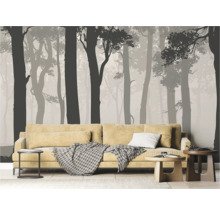 Woonkamer met bank en fotobehang met bosmotief