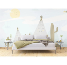 Slaapkamer met muurschildering met tipi's en cactussen