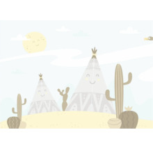 Illustratie van tipi's en cactussen in de woestijn