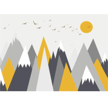 Grafisch bergmotief met zon en vogels als decoratie