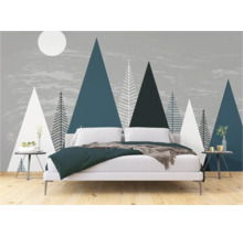 Slaapkamer met fotobehang met bergen en bomen