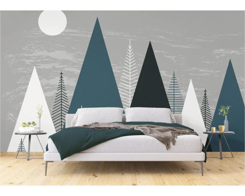 Slaapkamer met fotobehang met bergen en bomen