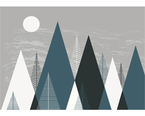 Decoratieve wandafbeelding met gestileerd berglandschap en maan