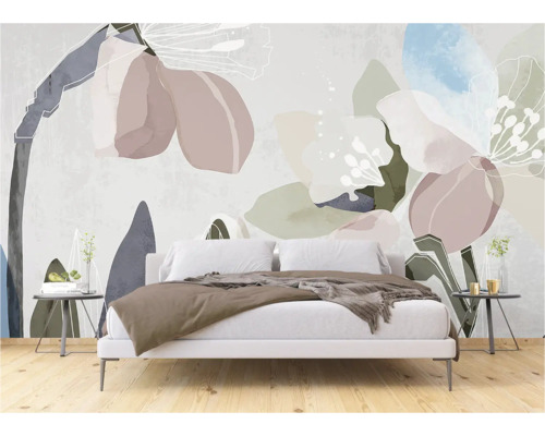 Slaapkamer met behang met abstract bloemmotief