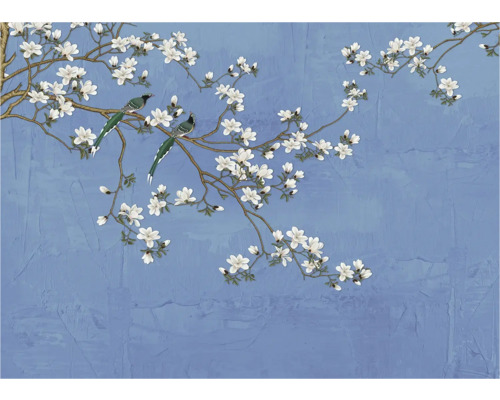 Illustratie van bloeiende takken en vogels op een gestructureerde achtergrond