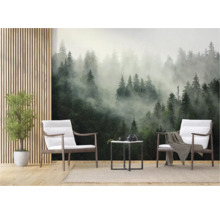 Woonkamer met fotobehang met een mistig bos, twee fauteuils en een klein tafeltje