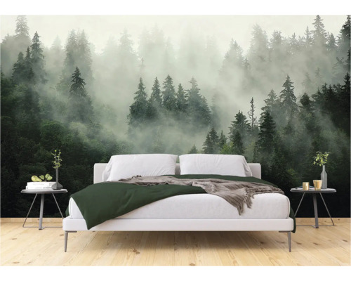 Slaapkamer met fotobehang met bosmotief
