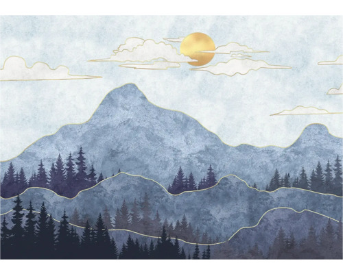 Behang met berglandschap, bomen, wolken en zon