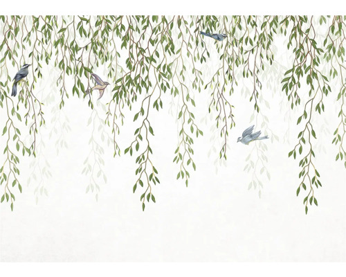 Behang met illustraties van takken en vogels