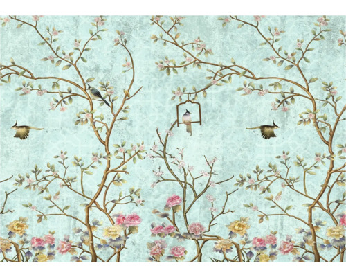Behang met boom-, vogel- en bloemmotieven