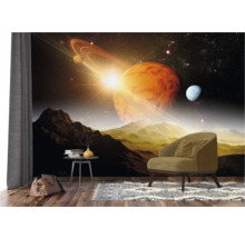 Woonkamer met fotobehang dat een planetenlandschap laat zien