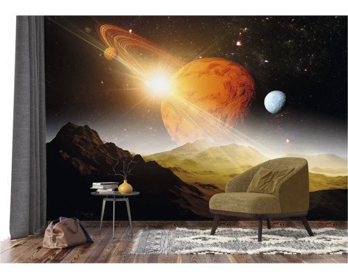 Woonkamer met fotobehang dat een planetenlandschap laat zien