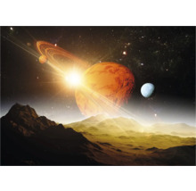 Illustratie van een ver landschap met planeten, manen en sterren