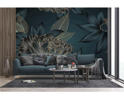 Woonkamer met bloemenfotobehang, bank en salontafels.