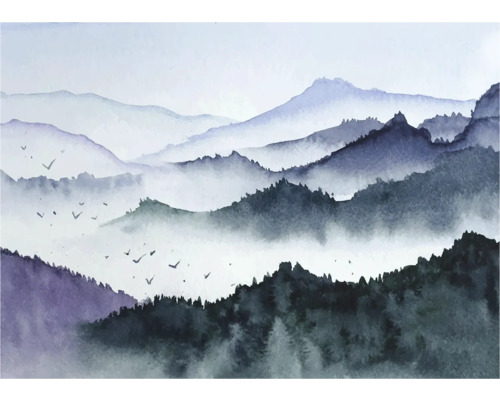 Aquarelschilderij met bergen en een zwerm vogels