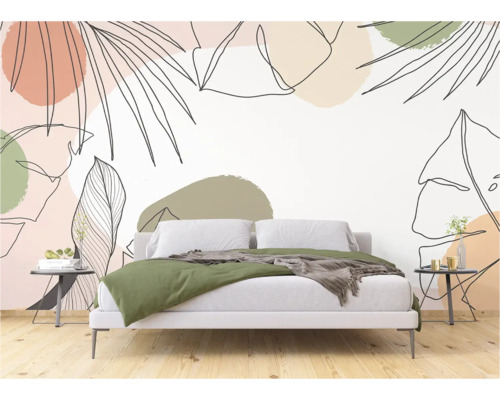 Slaapkamer met fotobehang met bladerdesign