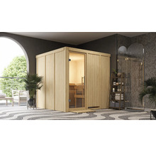Houten sauna met glazen deur in moderne badkamer