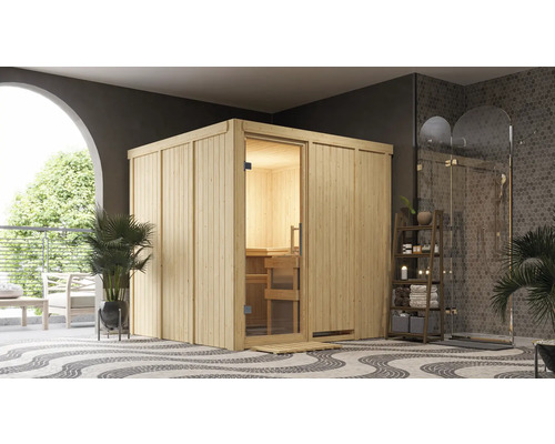 Houten sauna met glazen deur in moderne badkamer
