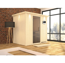 Houten sauna met glazen deur, binnenverlichting en digitaal bedieningspaneel in een lichte ruimte