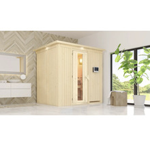 Badkamer met houten sauna, wastafel en spiegel