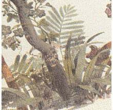 Close-up van een textielontwerp met bomen en bladeren