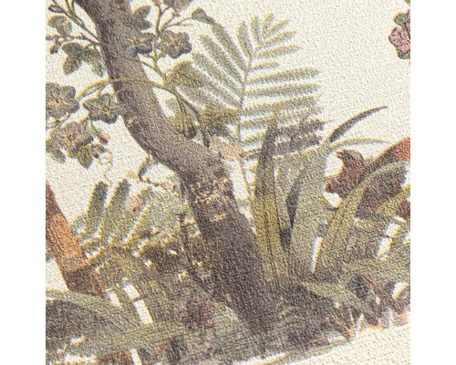 Close-up van een textielontwerp met bomen en bladeren