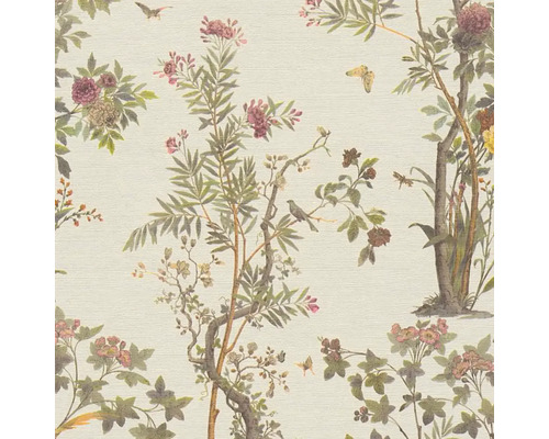 Behang met bloemmotief, bomen, vogels en vlinders